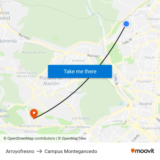 Arroyofresno to Campus Montegancedo map