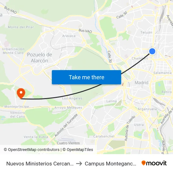 Nuevos Ministerios Cercanías to Campus Montegancedo map