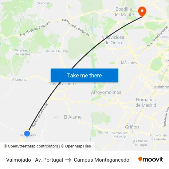 Valmojado - Av. Portugal to Campus Montegancedo map