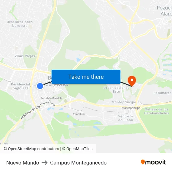 Nuevo Mundo to Campus Montegancedo map