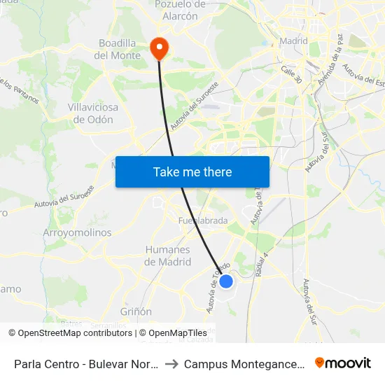 Parla Centro - Bulevar Norte to Campus Montegancedo map