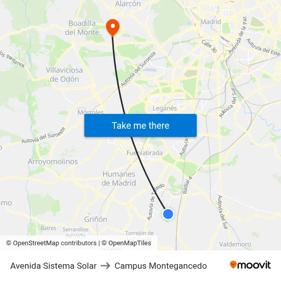 Avenida Sistema Solar to Campus Montegancedo map