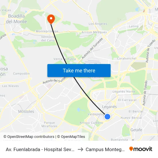 Av. Fuenlabrada - Hospital Severo Ochoa to Campus Montegancedo map