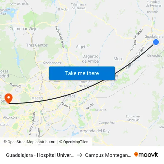 Guadalajara - Hospital Universitario to Campus Montegancedo map