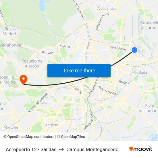 Aeropuerto T2 - Salidas to Campus Montegancedo map