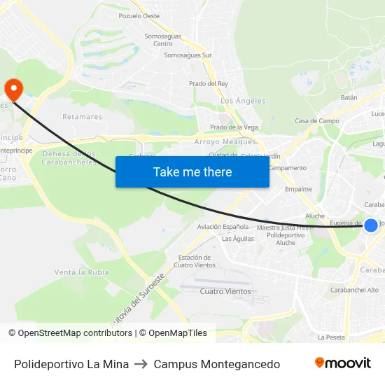 Polideportivo La Mina to Campus Montegancedo map