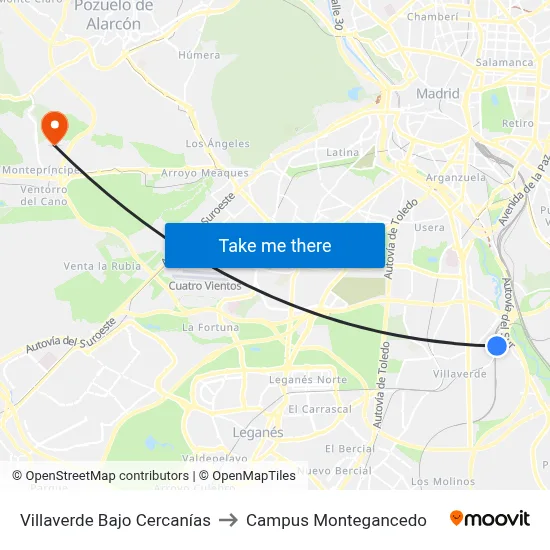 Villaverde Bajo Cercanías to Campus Montegancedo map