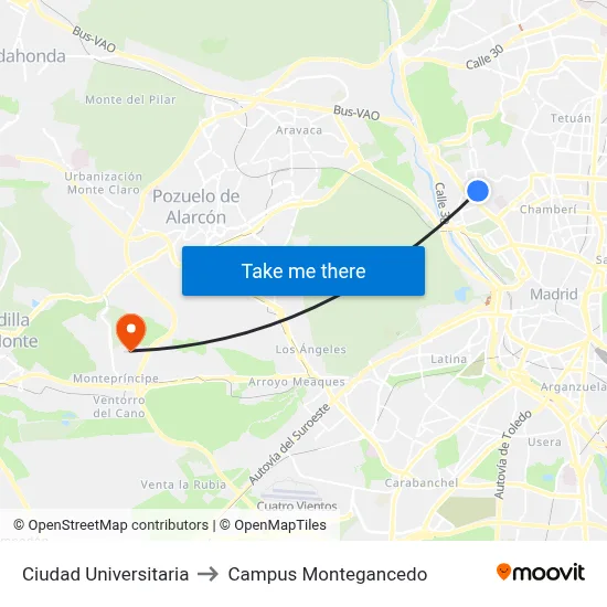 Ciudad Universitaria to Campus Montegancedo map