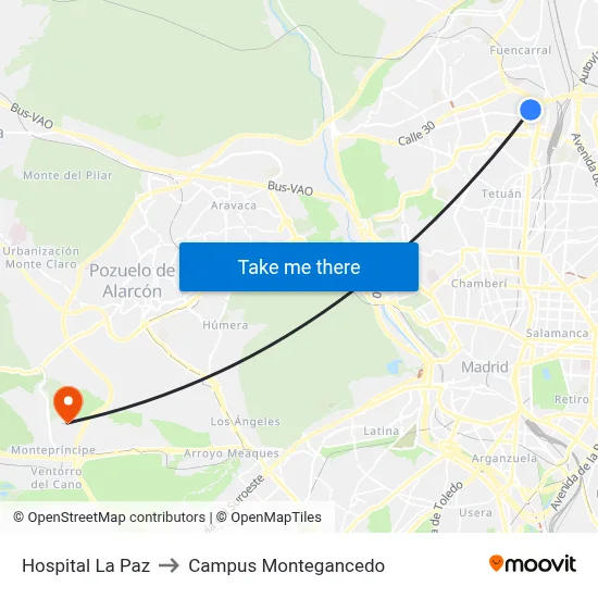 Hospital La Paz to Campus Montegancedo map