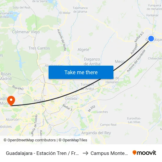 Guadalajara - Estación Tren / Francisco Aritio to Campus Montegancedo map