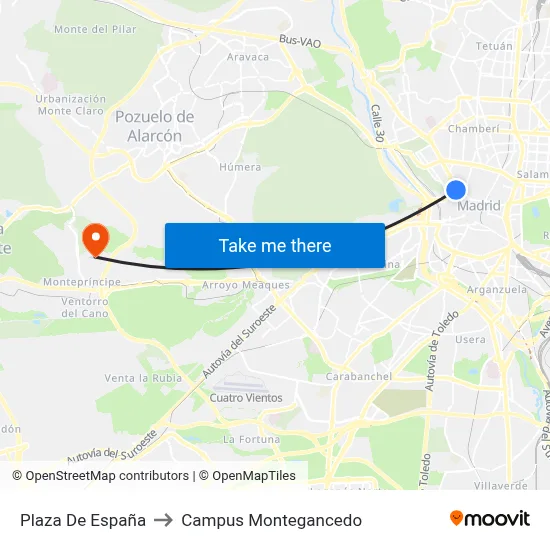 Plaza De España to Campus Montegancedo map