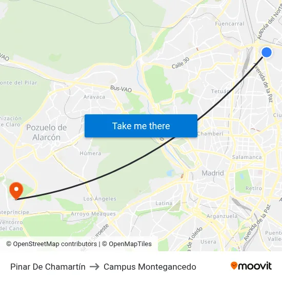 Pinar De Chamartín to Campus Montegancedo map