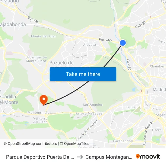 Parque Deportivo Puerta De Hierro to Campus Montegancedo map