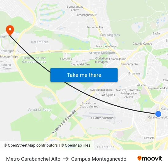 Metro Carabanchel Alto to Campus Montegancedo map