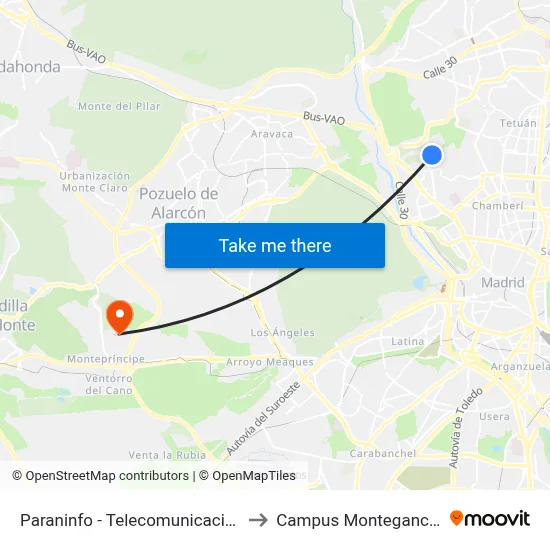 Paraninfo - Telecomunicaciones to Campus Montegancedo map