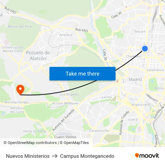 Nuevos Ministerios to Campus Montegancedo map