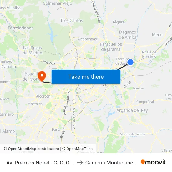 Av. Premios Nobel - C. C. Oasiz to Campus Montegancedo map