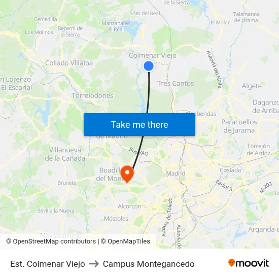 Est. Colmenar Viejo to Campus Montegancedo map