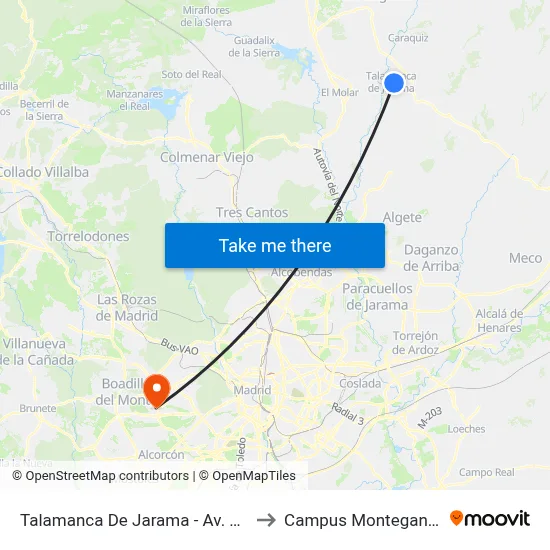 Talamanca De Jarama - Av. Madrid to Campus Montegancedo map
