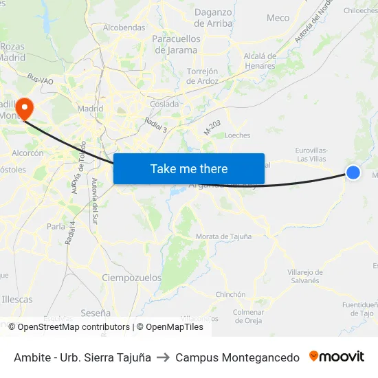 Ambite - Urb. Sierra Tajuña to Campus Montegancedo map