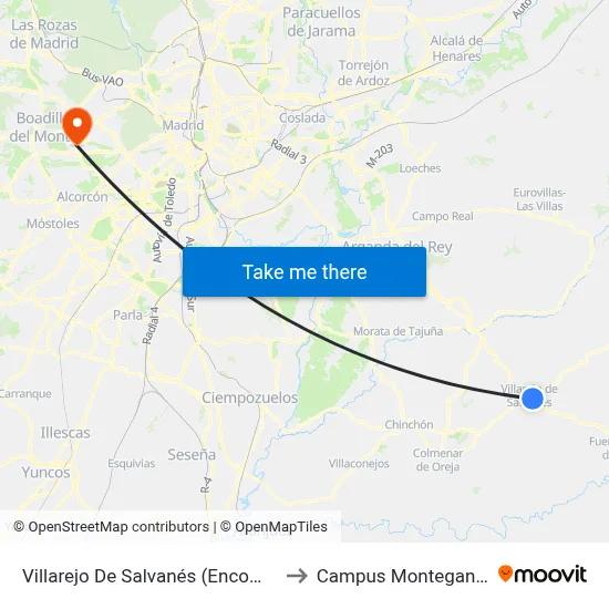 Villarejo De Salvanés (Encomienda) to Campus Montegancedo map
