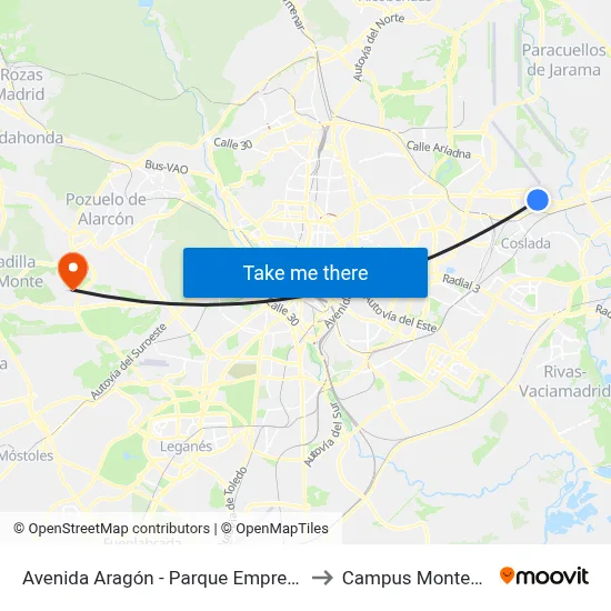 Avenida Aragón - Parque Empresarial Pegaso to Campus Montegancedo map