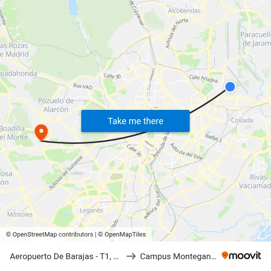 Aeropuerto De Barajas - T1, Madrid to Campus Montegancedo map