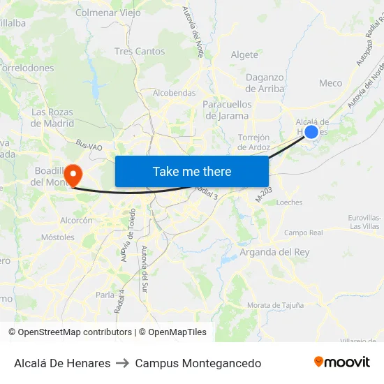 Alcalá De Henares to Campus Montegancedo map