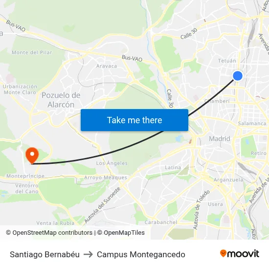 Santiago Bernabéu to Campus Montegancedo map