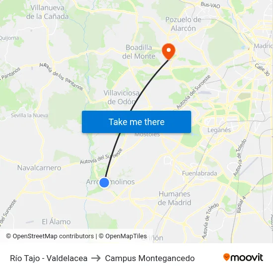 Río Tajo - Valdelacea to Campus Montegancedo map