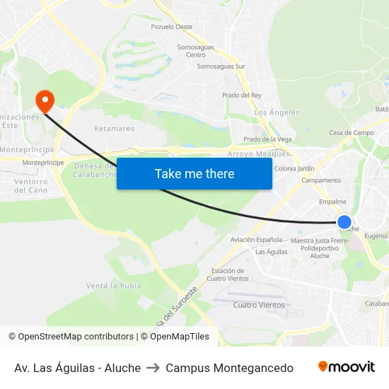 Av. Las Águilas - Aluche to Campus Montegancedo map