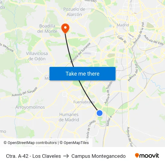Ctra. A-42 - Los Claveles to Campus Montegancedo map
