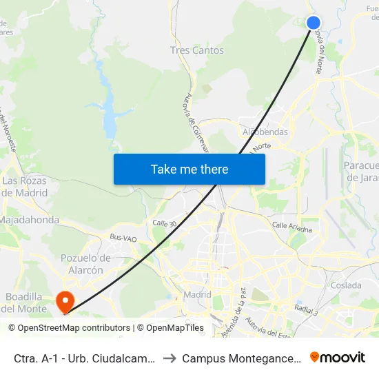 Ctra. A-1 - Urb. Ciudalcampo to Campus Montegancedo map