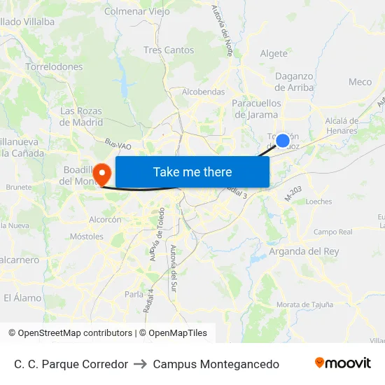 C. C. Parque Corredor to Campus Montegancedo map