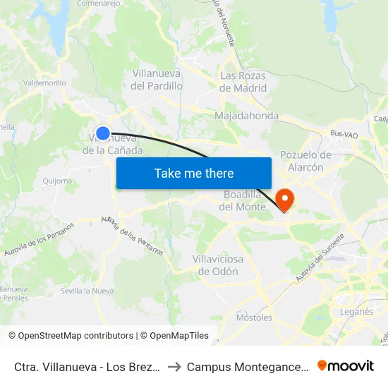 Ctra. Villanueva - Los Brezos to Campus Montegancedo map
