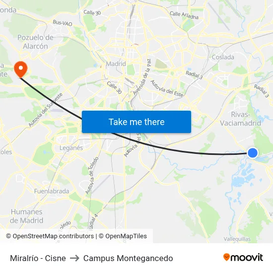 Miralrío - Cisne to Campus Montegancedo map