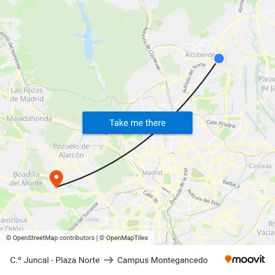 C.º Juncal - Plaza Norte to Campus Montegancedo map