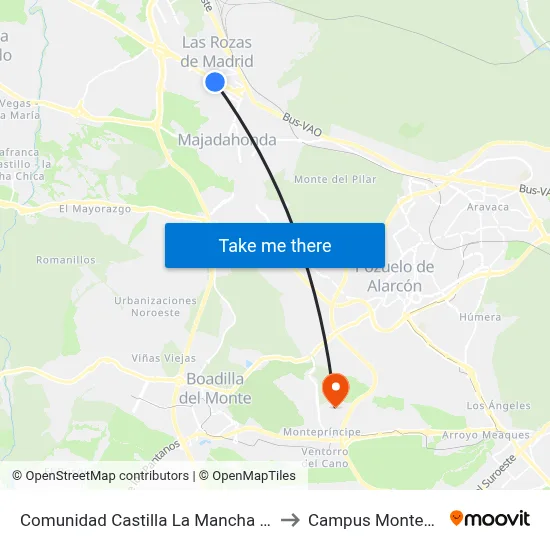 Comunidad Castilla La Mancha - Burgocentro to Campus Montegancedo map