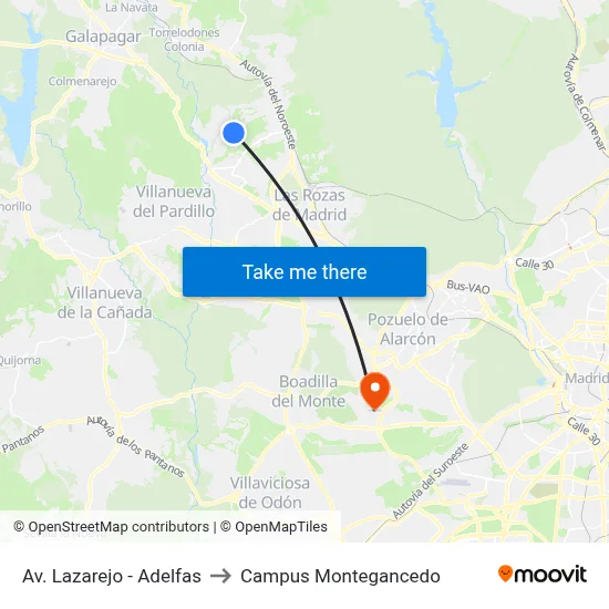 Av. Lazarejo - Adelfas to Campus Montegancedo map