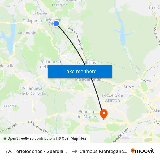 Av. Torrelodones - Guardia Civil to Campus Montegancedo map