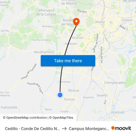 Cedillo - Conde De Cedillo N.º 20 to Campus Montegancedo map