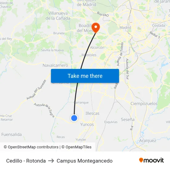 Cedillo - Rotonda to Campus Montegancedo map