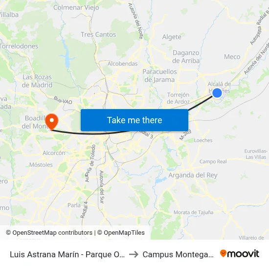 Luis Astrana Marín - Parque O'Donnell to Campus Montegancedo map
