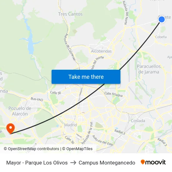 Mayor - Parque Los Olivos to Campus Montegancedo map