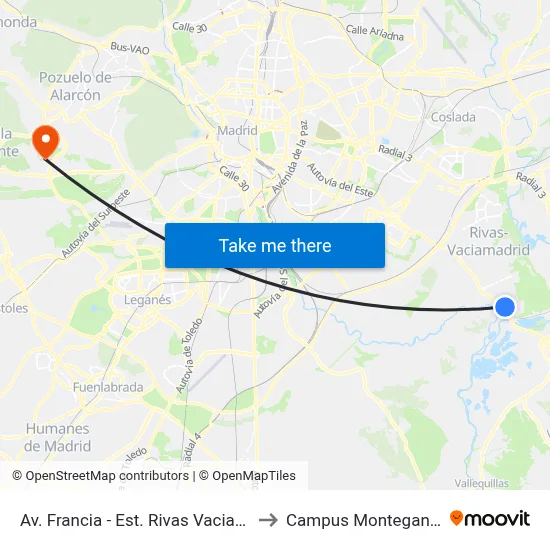 Av. Francia - Est. Rivas Vaciamadrid to Campus Montegancedo map