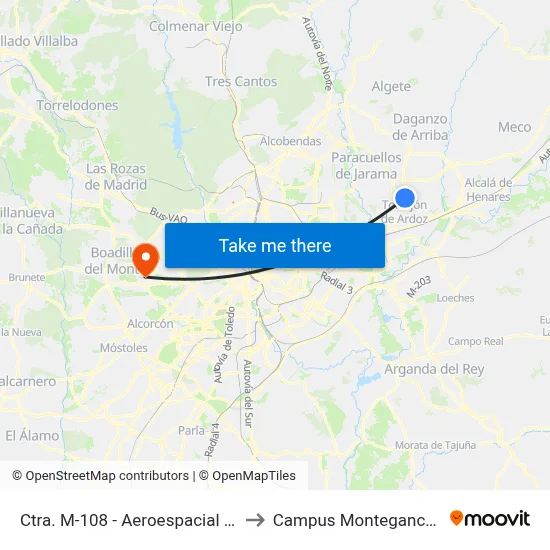 Ctra. M-108 - Aeroespacial Inta to Campus Montegancedo map