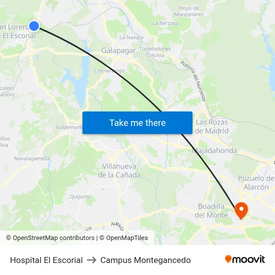 Hospital El Escorial to Campus Montegancedo map