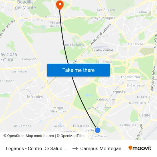 Leganés - Centro De Salud Mental to Campus Montegancedo map