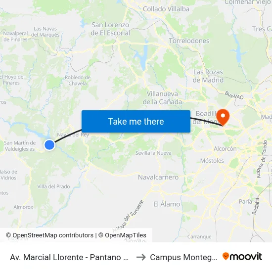 Av. Marcial Llorente - Pantano De San Juan to Campus Montegancedo map