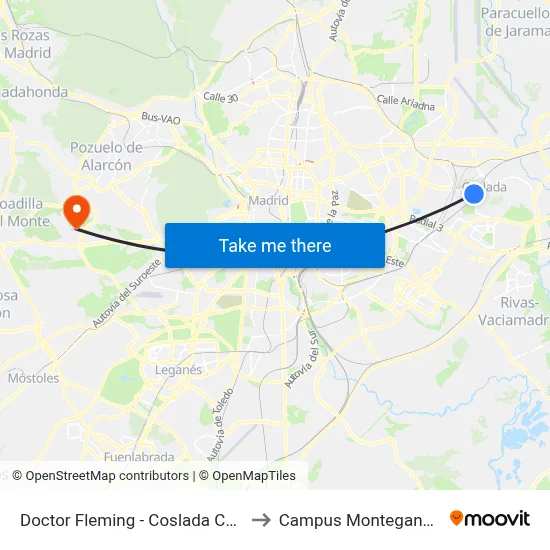 Doctor Fleming - Coslada Central to Campus Montegancedo map